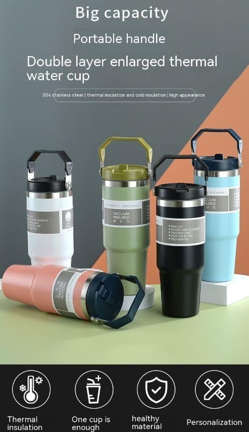 TR 30 oz Tumbler with Handle, Vacuum Insulated Water Bottle with 2-in-1 Lid and Straw,