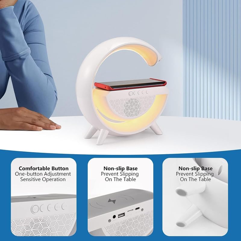 Wireless G Speaker with Wireless Charging | Desk Lamp Bedside Night Light, Smart Light, Sound Machine, and Stylish Bedroom Home Decor