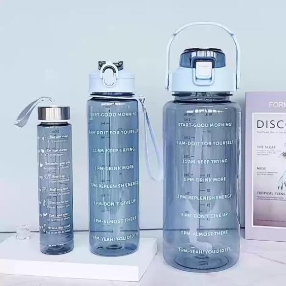 Motivational Water Bottle Set with Time Markers, 2000ml, 900ml, 300ml, Clear, Leak-Proof, for Office, School, Gym, Travel, Set of 3
