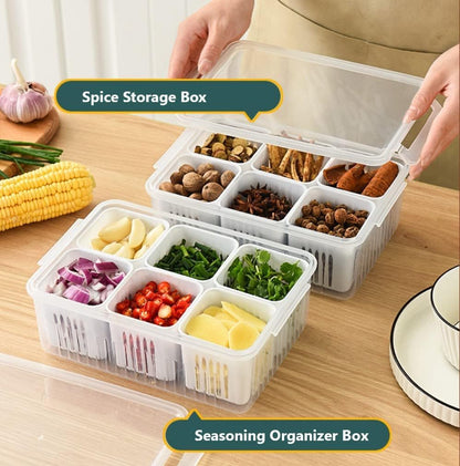 6-In-1 Kitchen Scallion Storage Box Grid, Lids Airtight Refrigerator Food Fresh Box, Food Storage
