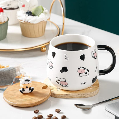 Cute Cow Coffe Mug with Lid and Spoon Cows Print Stuff Gift 400ml