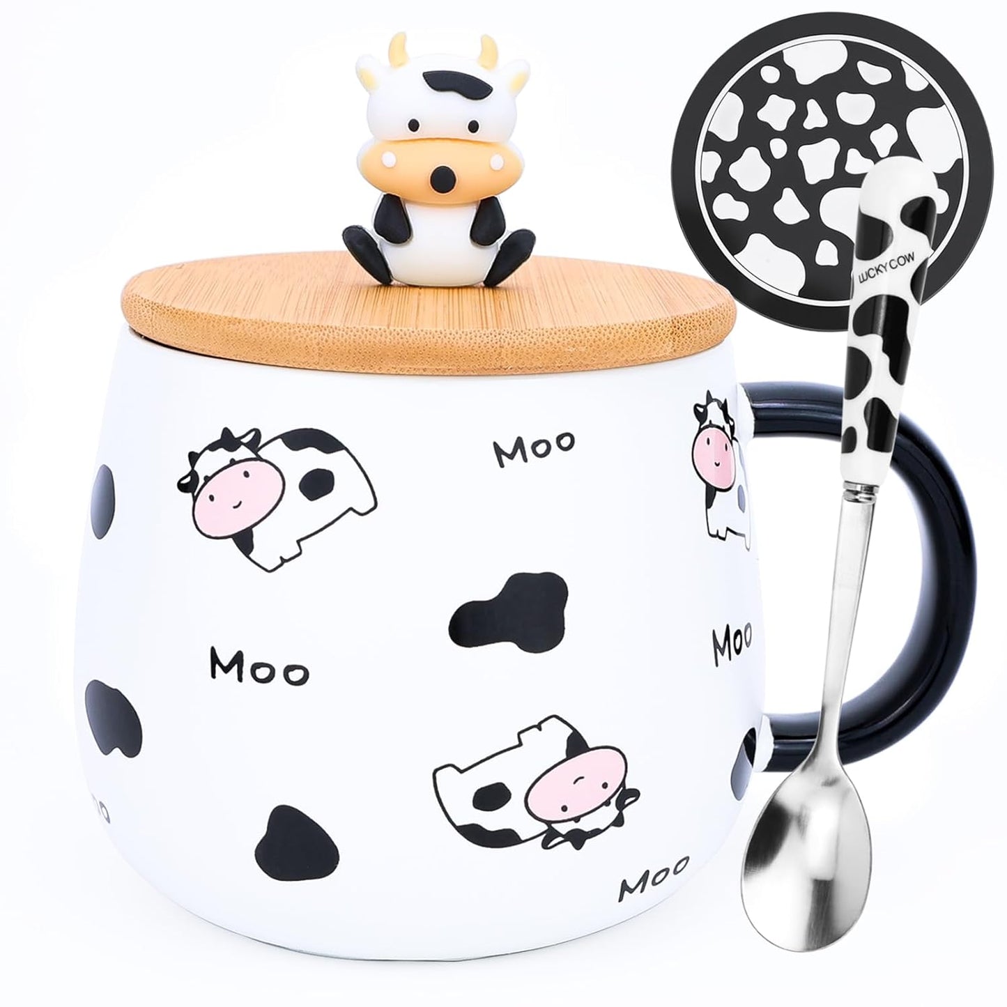 Cute Cow Coffe Mug with Lid and Spoon Cows Print Stuff Gift 400ml