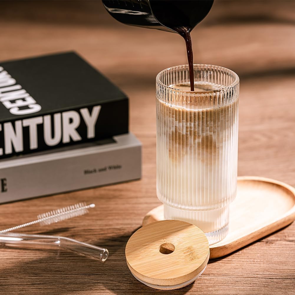 Drinking Glasses Tumbler Set of 1 Wooden Lids and Straws