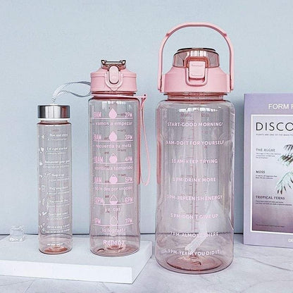 Motivational Water Bottle Set with Time Markers, 2000ml, 900ml, 300ml, Clear, Leak-Proof, for Office, School, Gym, Travel, Set of 3