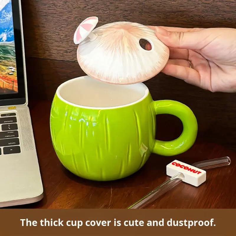 Coconut Shaped Ceramic Mug with Lid & Straw