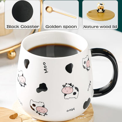 Cute Cow Coffe Mug with Lid and Spoon Cows Print Stuff Gift 400ml