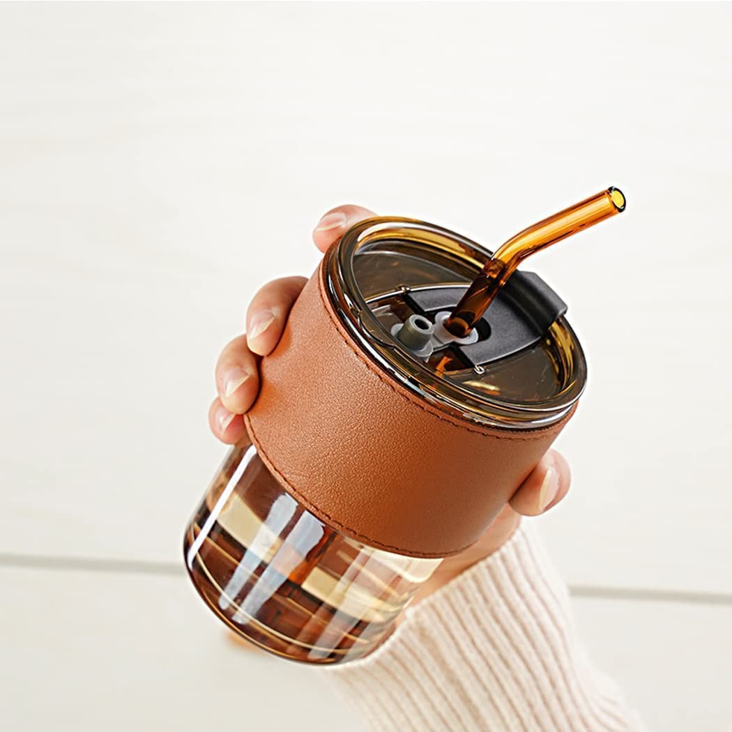 Cup Sipper Glass with Straw, Mug with Lid, Tumbler (Silicone Straw) (Design 1, Pack of 2)