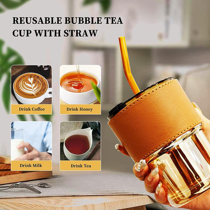 Cup Sipper Glass with Straw, Mug with Lid, Tumbler (Silicone Straw) (Design 1, Pack of 2)