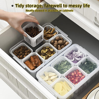 6-In-1 Kitchen Scallion Storage Box Grid, Lids Airtight Refrigerator Food Fresh Box, Food Storage